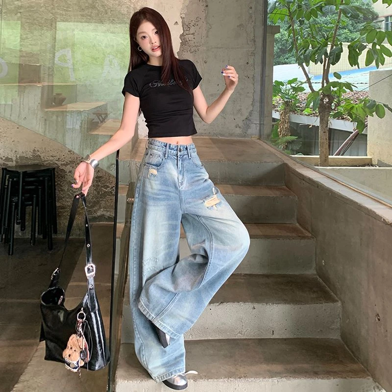 破洞阔腿牛仔裤女夏季新款美式复古做旧高腰宽松显瘦直筒拖地裤子