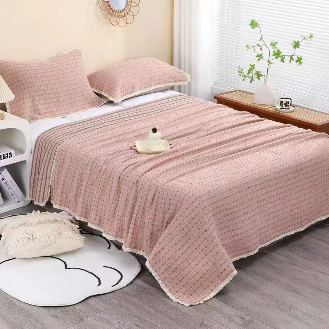 外贸出口韩国纯棉纱布简约风提花纱布盖毯夏凉被多功能亲肤可铺盖