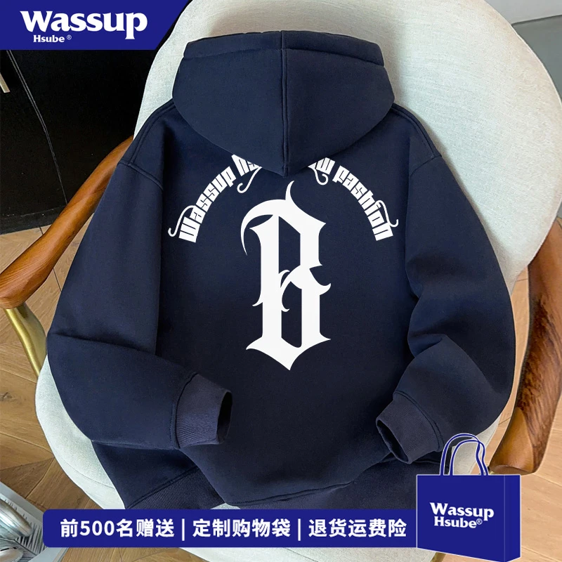 WASSUP HSUBE潮牌字母印花连帽开衫卫衣男女秋冬时尚百搭拉链外套