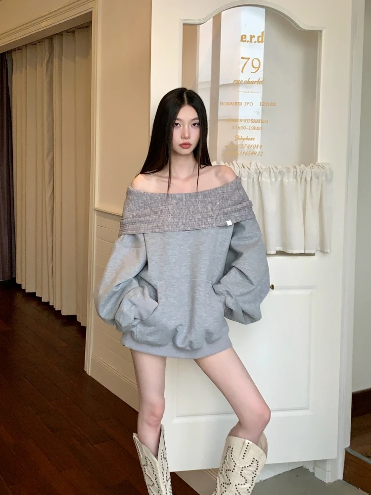 法式复古灰色一字肩卫衣女2025新款早秋款宽松慵懒风露肩长袖上衣