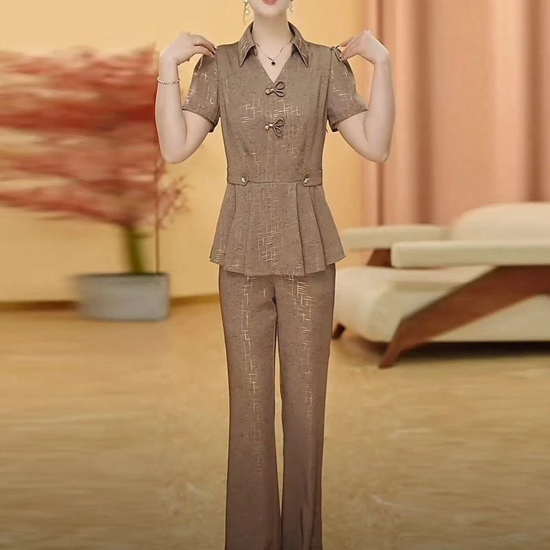 高档气质妈妈新中式时尚2025夏季爆款修身显瘦遮肉职业两件套套装