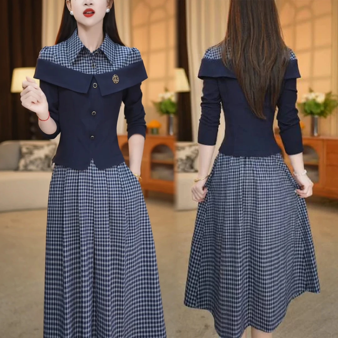 早秋时尚POLO领格子两件套装季新款气质收腰显瘦小衫上衣半身裙女