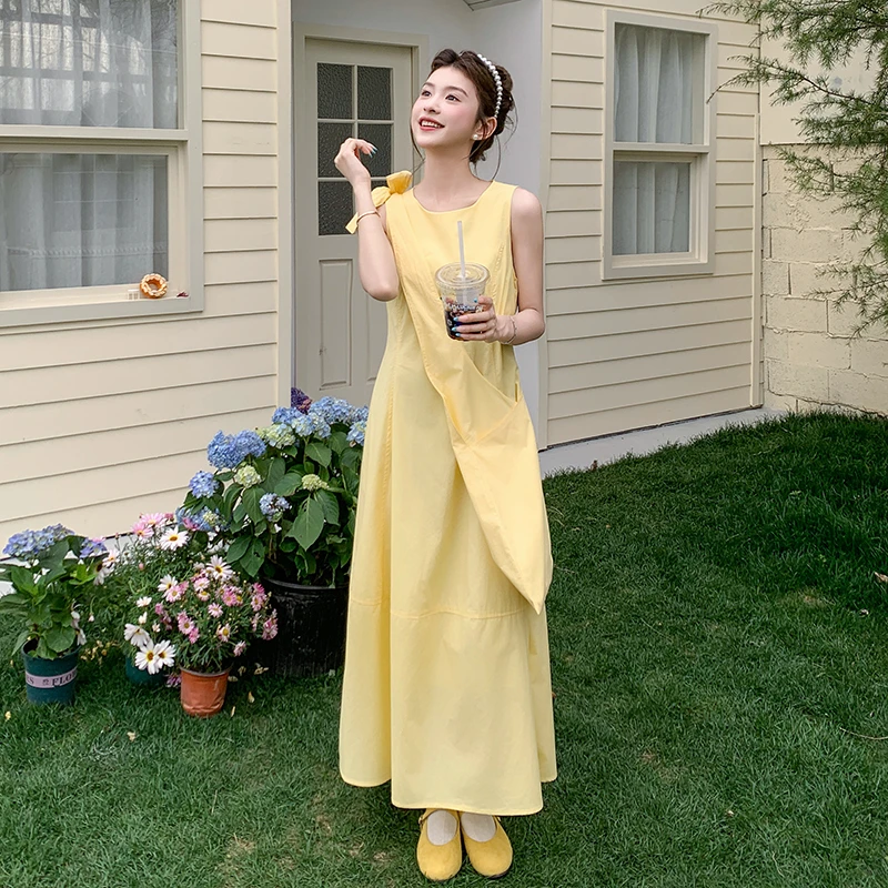 黄色韩版简约休闲风高腰连衣裙女2025年夏季新款气质女神范背心裙