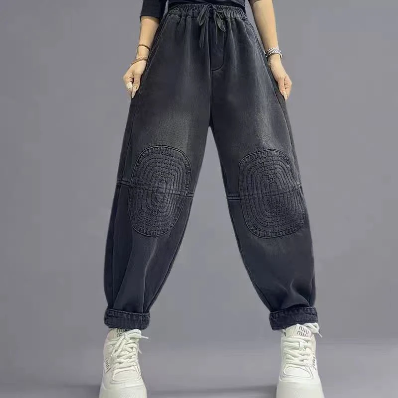 冬款加绒砂洗牛仔裤宽松女裤做旧贴布休闲裤A052