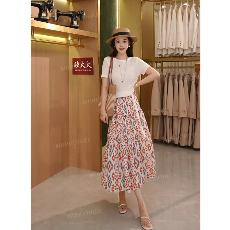 【睦火火专属】夏季新款碎花高腰大裙摆显瘦复古气质温柔半身裙套装