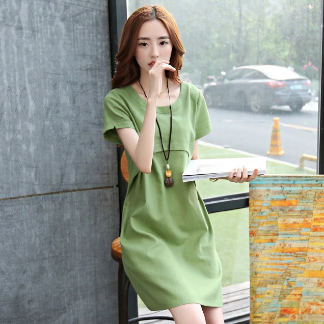 外贸女装棉麻连衣裙夏季女夏薄款短袖宽松腰中裙子森系拼接A字裙