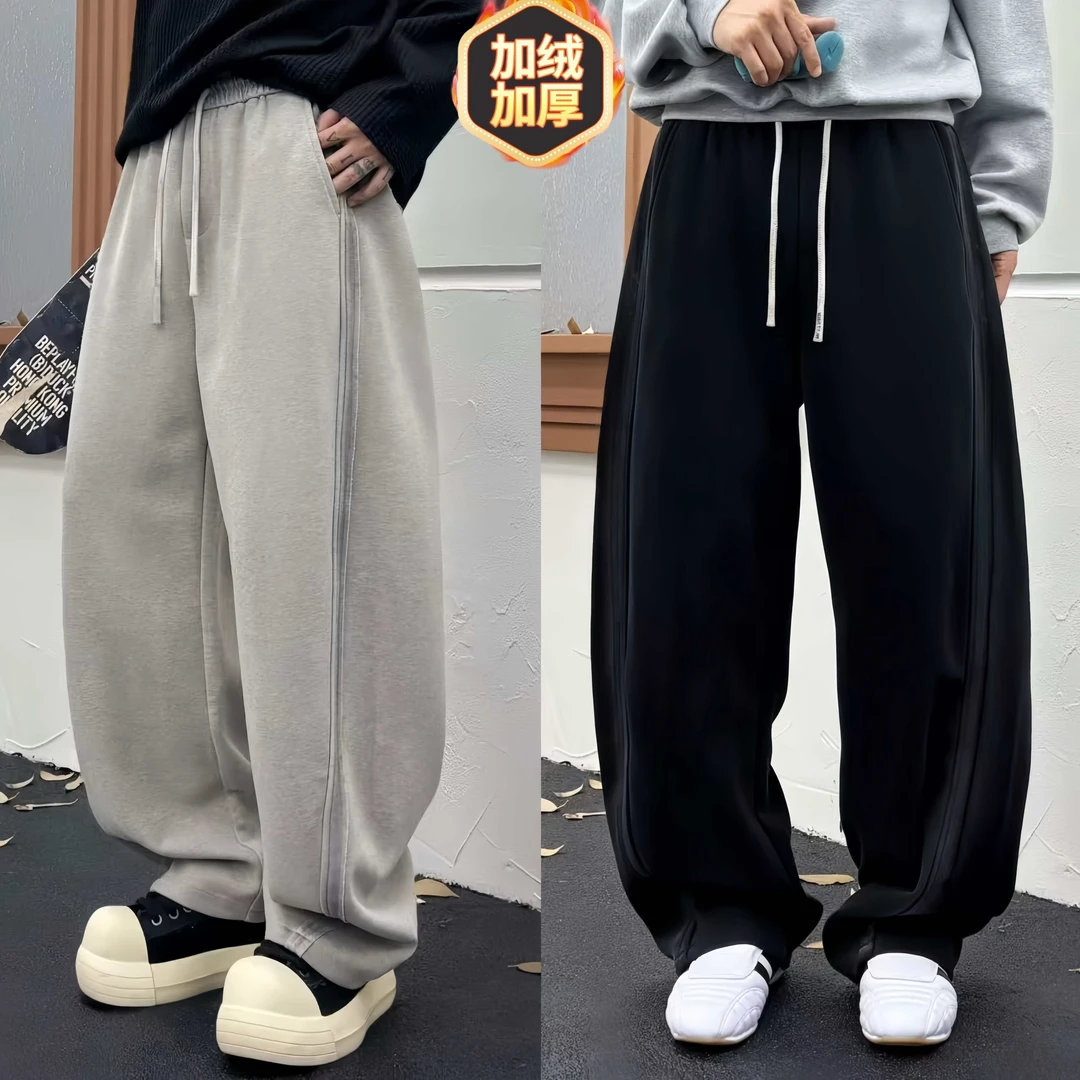 冬季新款加绒加厚潮牌流行水洗侧边条休闲裤男士直筒宽松垂感长裤