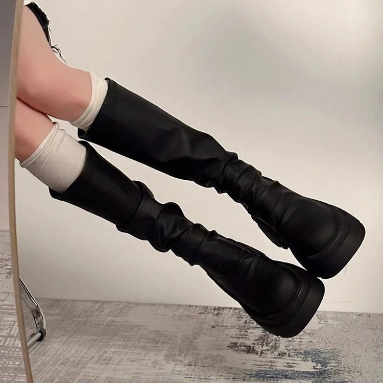 厚底长筒骑士靴女2025新款秋冬高筒堆堆靴增高小个子瘦瘦靴长靴女