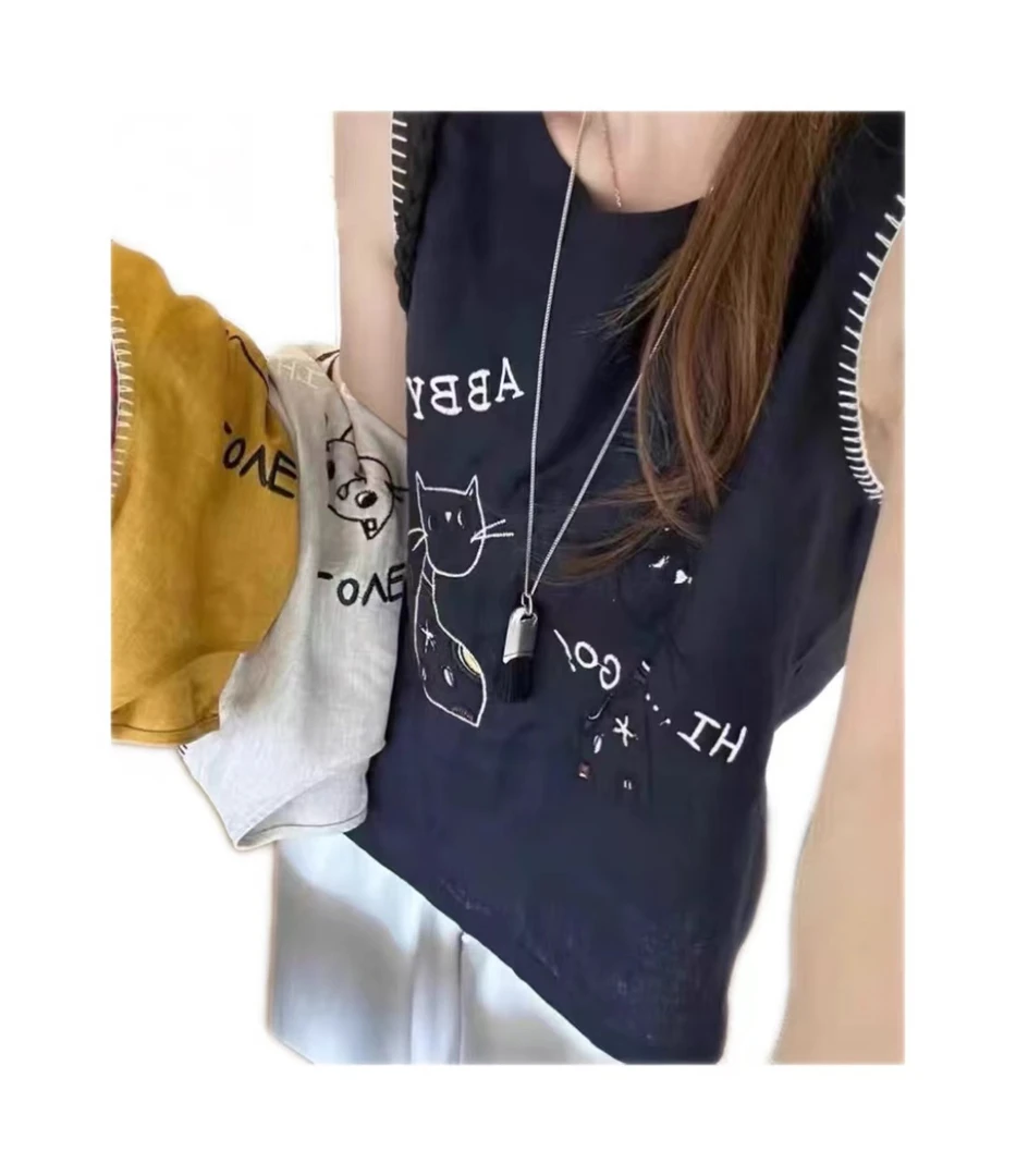 068宽松无袖刺绣小猫韩版圆领夏季拼接刺绣衬衫