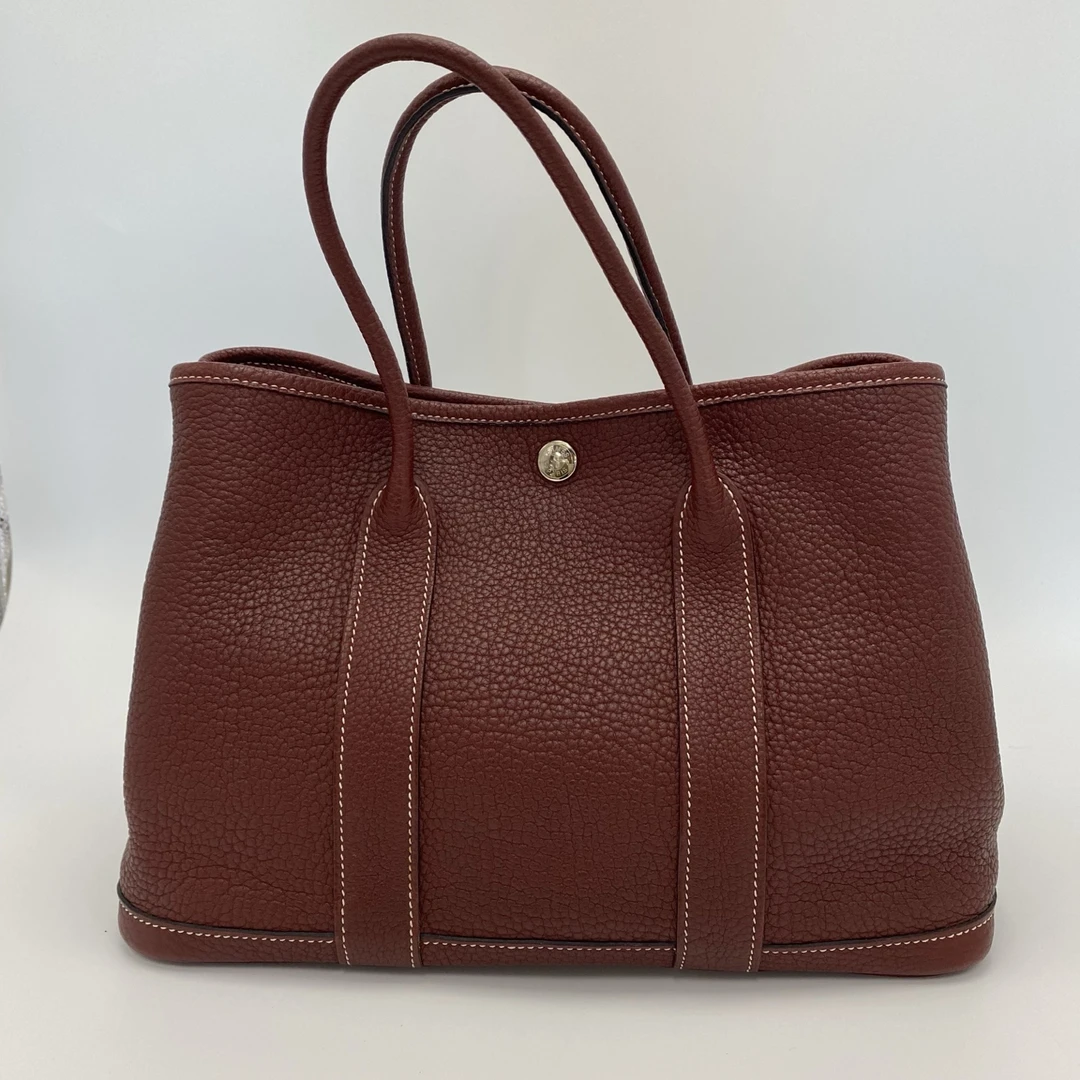 95新 Hermes/爱马仕 波尔多红银扣花园30手提包 01044