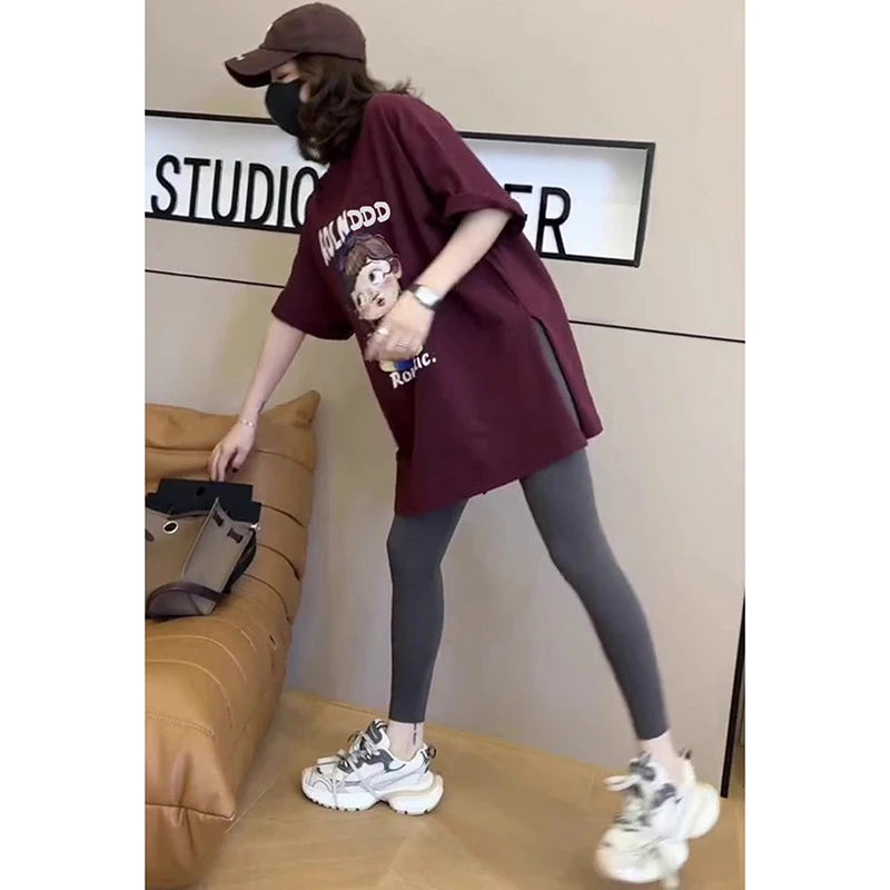 欧货下摆开叉中长款T恤短袖女2025早春夏季小女孩圆领宽松上衣女