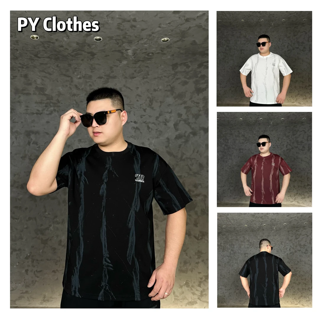 胖语大码男装 2025年春季新款百搭重工喷绘休闲圆领短袖S8869#K