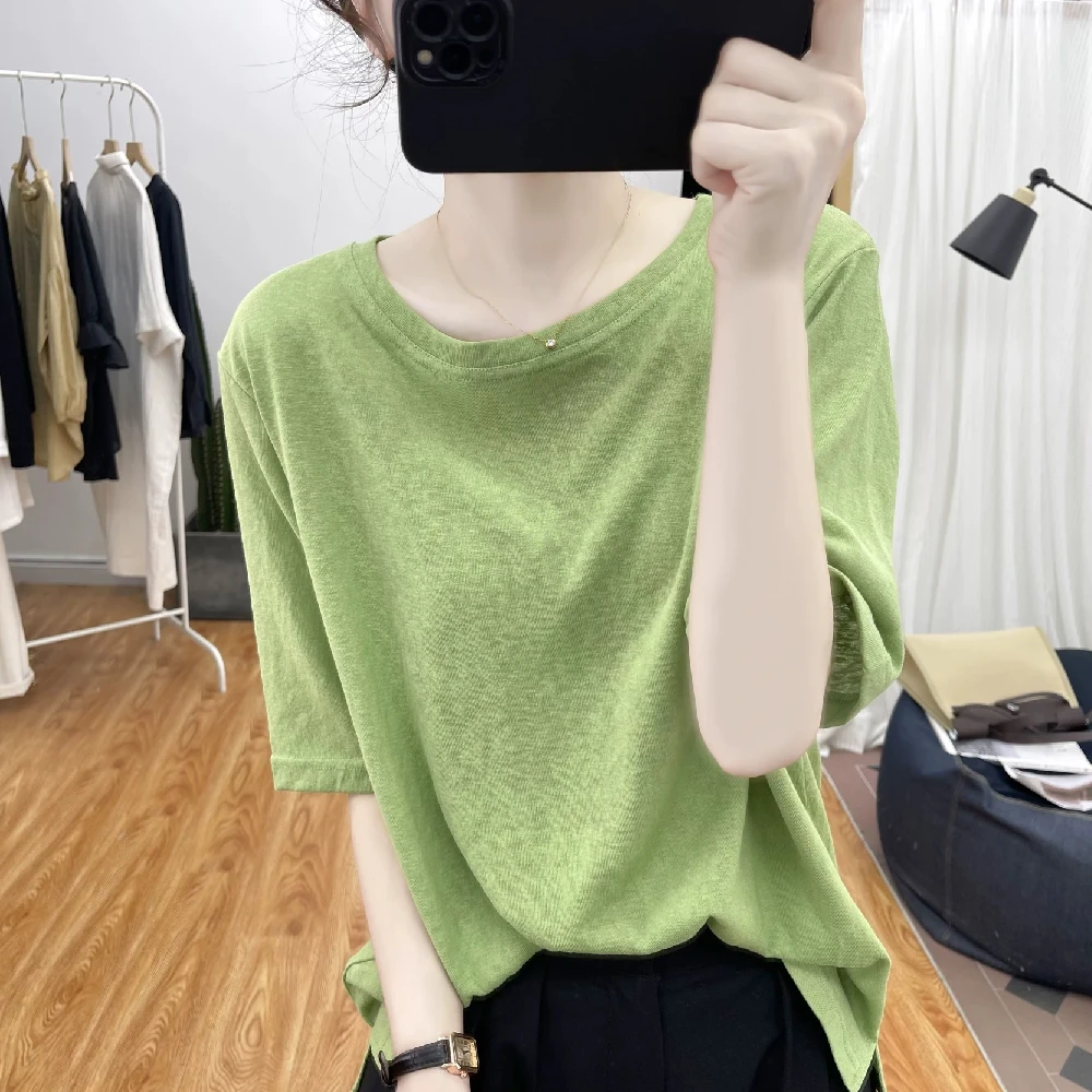 夏季新款宽松圆领短袖T恤简约纯色基础款减龄百搭显瘦雪花棉上衣