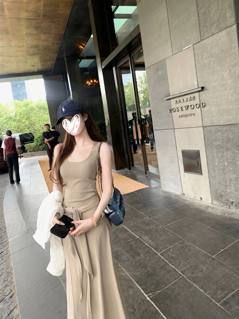 韩女日常 针织气质连衣裙女夏收腰修身长款到脚踝裙子带披肩