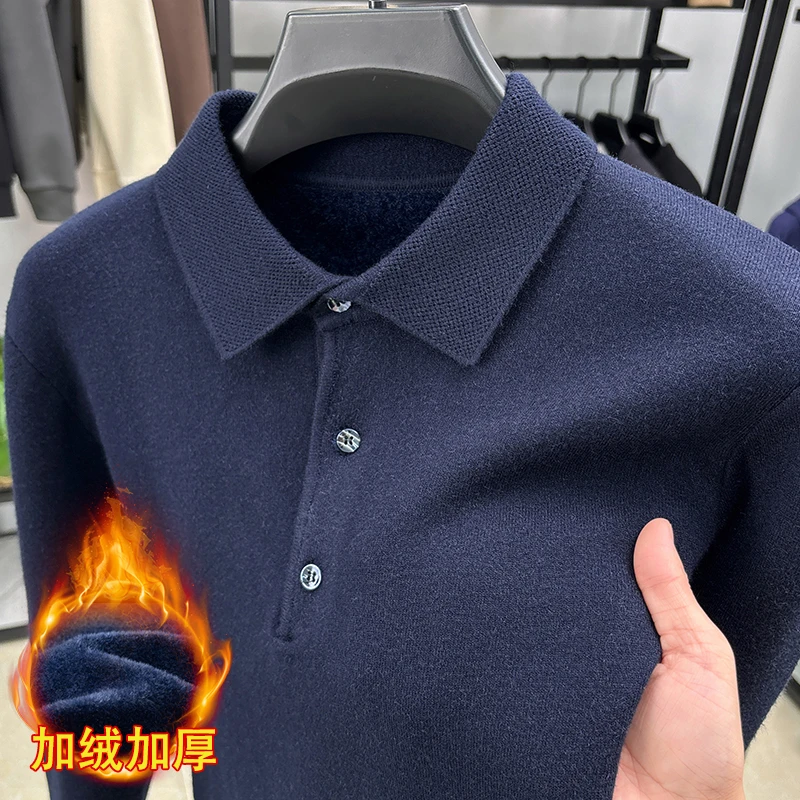男士100%纯羊毛衫加绒加厚翻领毛衣保暖针织打底羊毛衫秋冬保暖