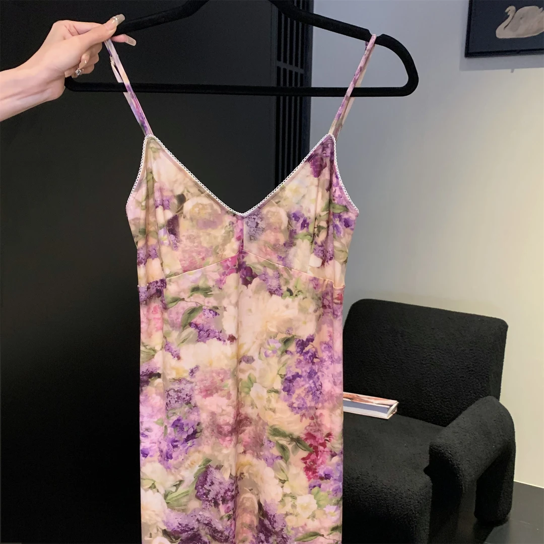 葡萄紫复古法式v领印花连衣裙吊带内搭