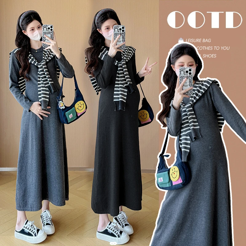 孕妇连衣裙秋冬2024新款时尚休闲宽松长袖打底针织裙冬季孕妇裙子