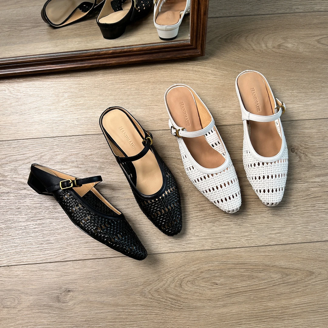 3cm/ED2152法式编织一字带玛丽珍凉拖鞋女夏季外穿粗跟包头半拖鞋