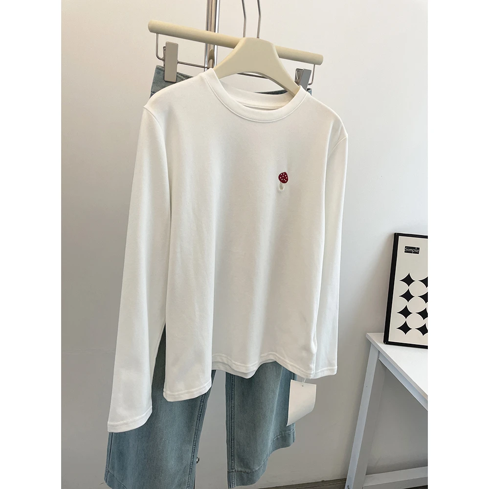 2025新款秋冬季长袖t恤女美式设计感上衣大码宽松胖mm内搭打底衫