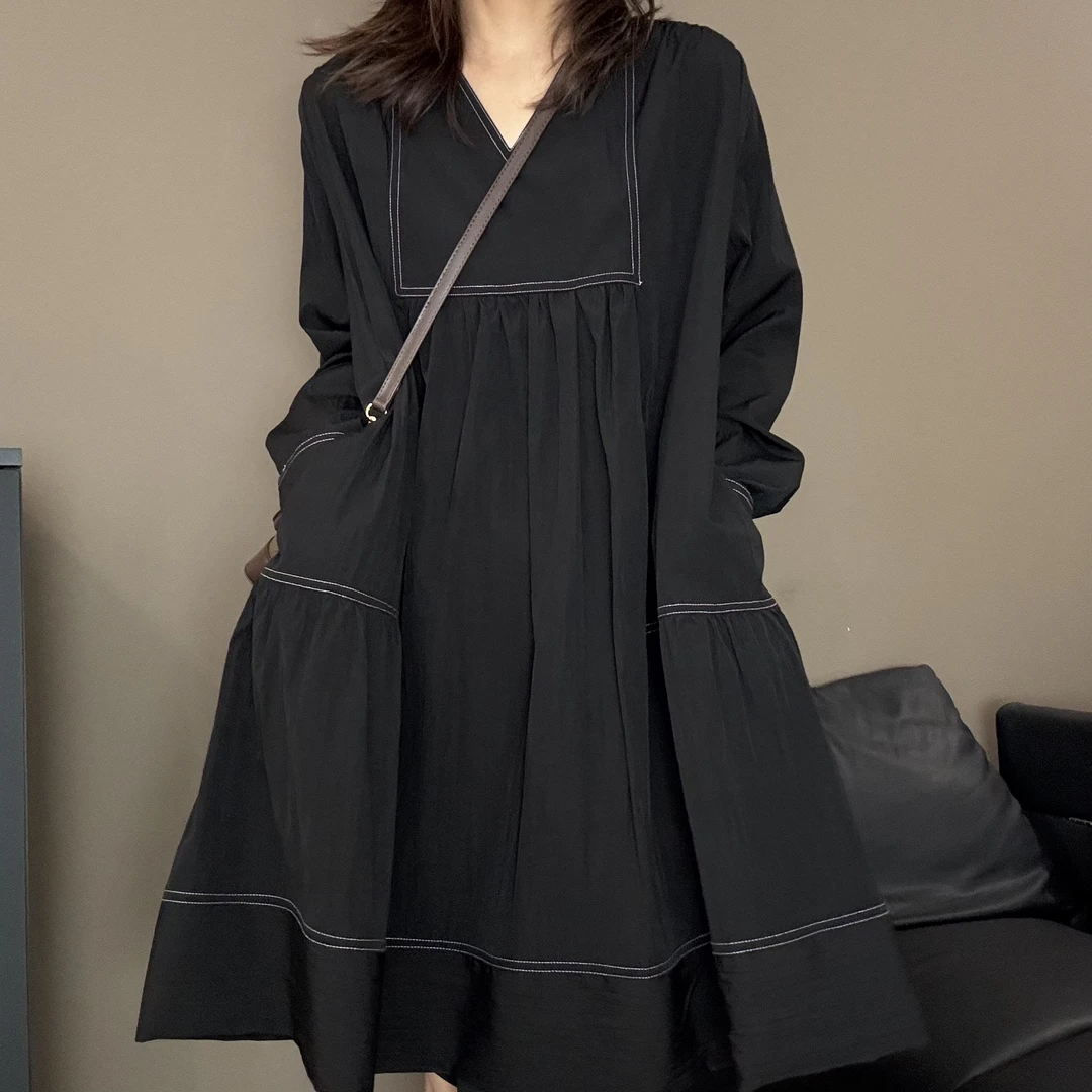 山本风小众设计感明线V领连衣裙春季新款宽松时尚A字裙-2536