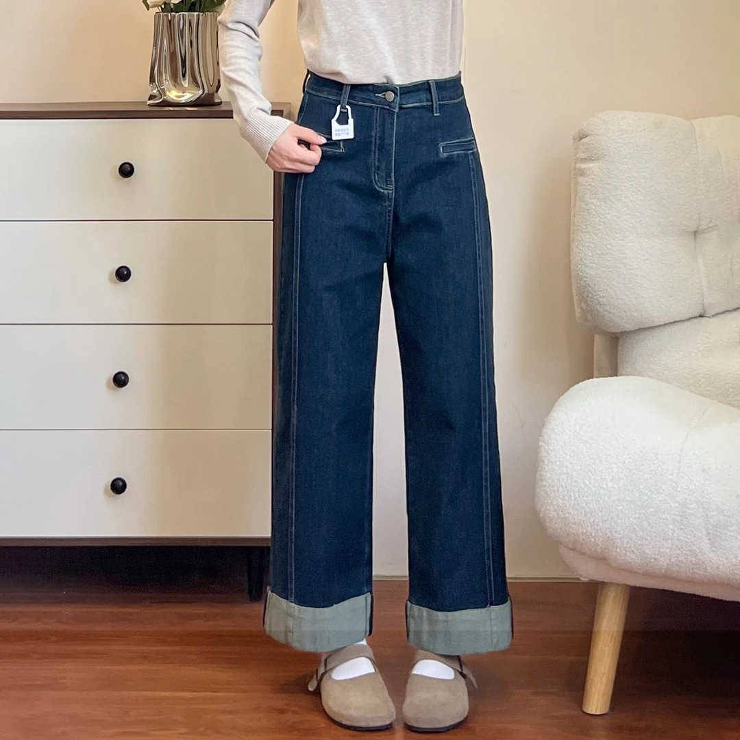 高腰宽松显瘦九分裤微弹力极简风秋季裤子牛仔裤复古时尚百搭长裤