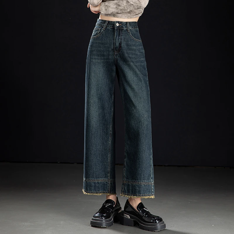 复古直筒牛仔裤女2025春季新款高腰宽松加绒小个子九分毛边阔腿裤