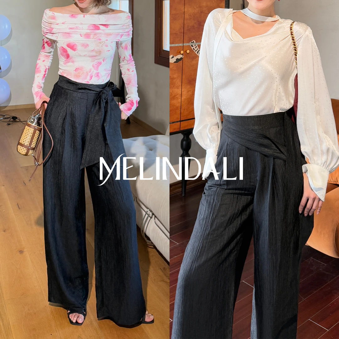 Melinda Li【午夜西梅】优雅职场光泽感醋酸飘带弹力高腰直筒阔腿裤