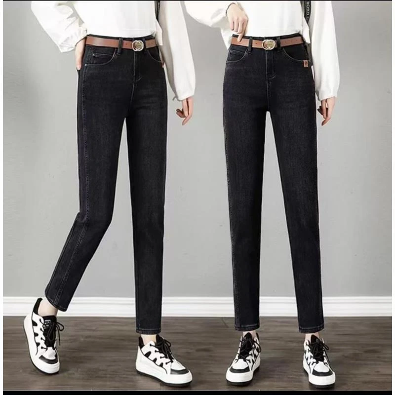 361#口袋扣子黄标加绒牛仔裤女哈伦裤显瘦高腰时尚百搭休闲秋冬