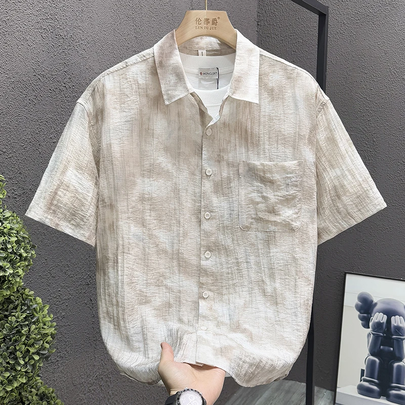 轻奢复古扎染男士休闲短袖衬衫夏季个性亚麻半袖时尚百搭衬衣外套