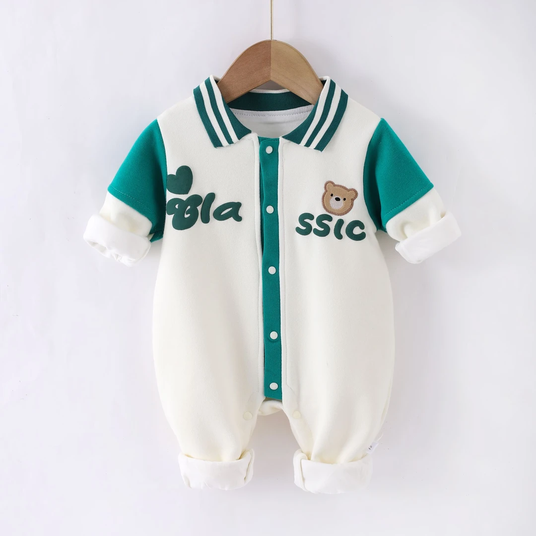 宝宝婴儿春秋新款双层翻领连体棒球服外出服好看洋气