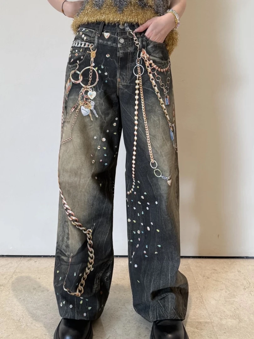 A/C马年限定牛仔裤新款3D打印印花男女同款1981直通j接头潮