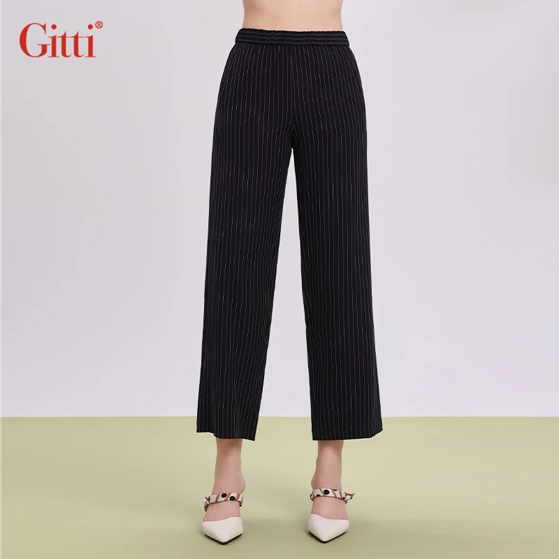 Gitti/吉蒂高腰显瘦条纹直筒裤女休闲弹力九分裤子G251424