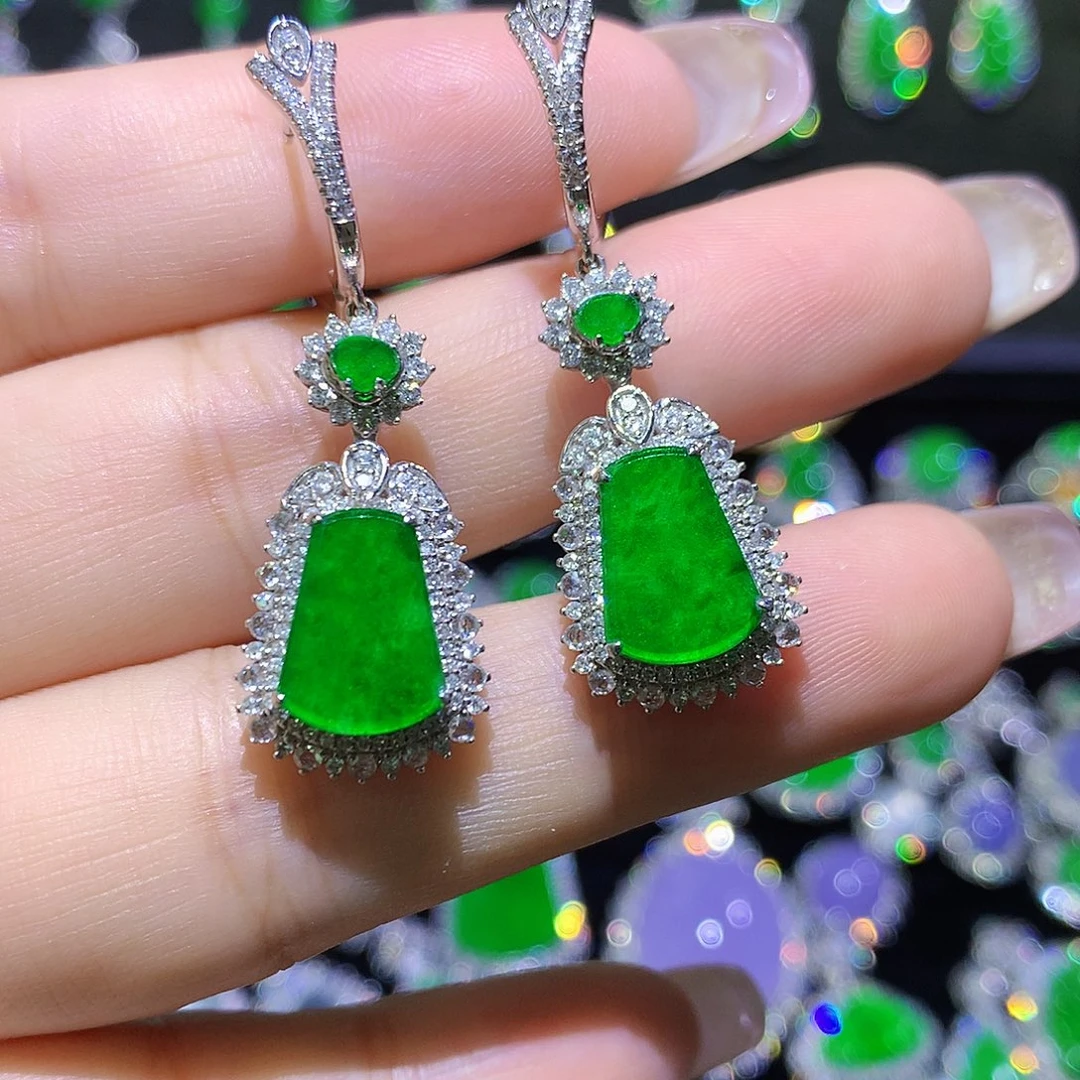 翡翠18K金镶嵌耳饰高冰满绿