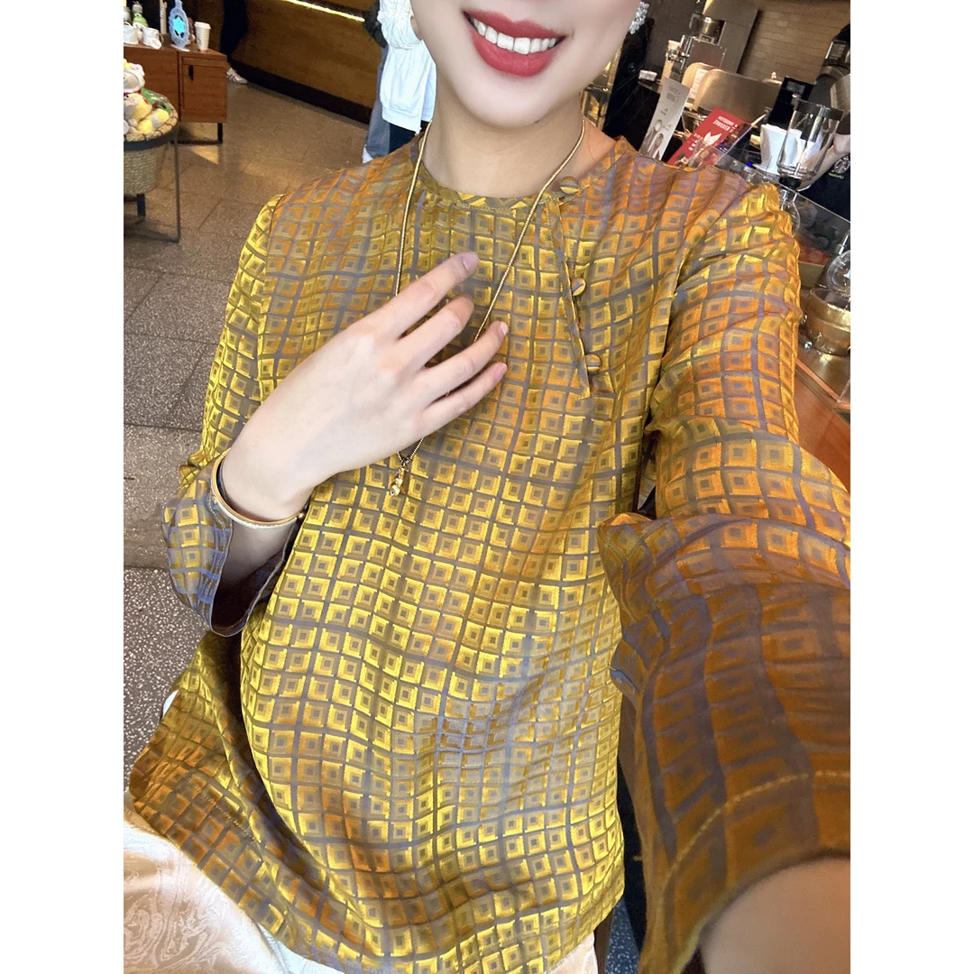 【深圳罗依】原创真丝衬衫女桑蚕丝提花格纹新中式气质圆领长袖上衣
