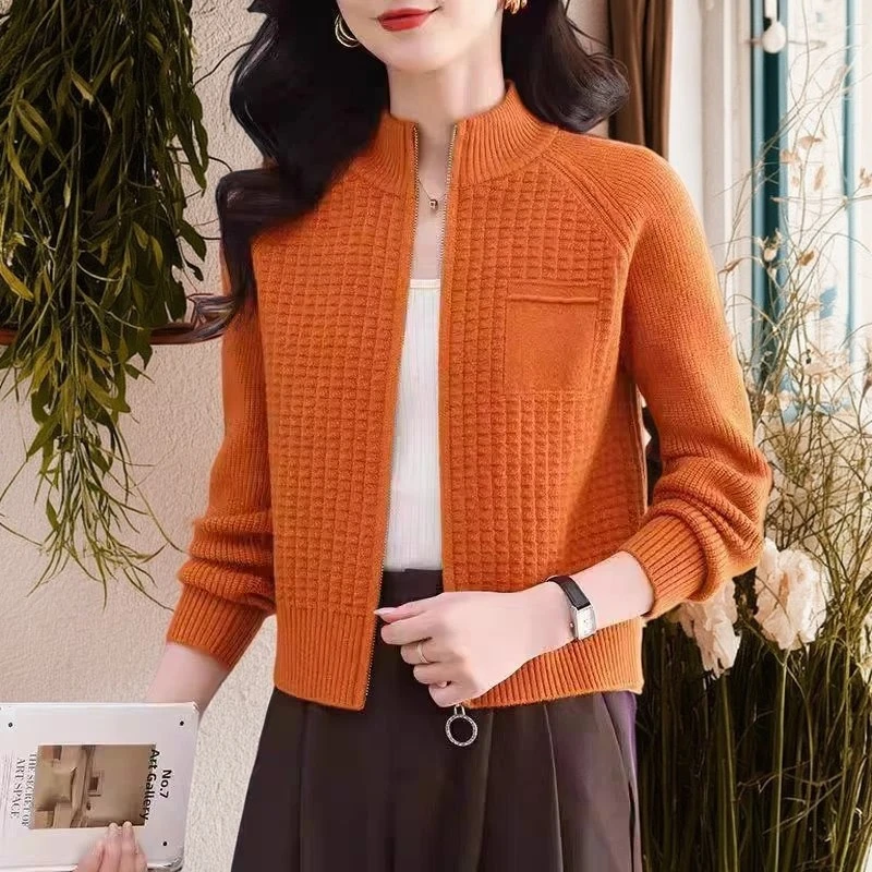 100%纯羊毛羊毛衫女秋冬2025新款小个子立领拉链上衣宽松毛衣外套