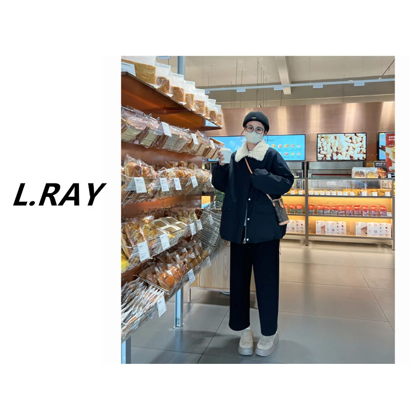 L,RAY-派克棉服女冬季2025复古宽松羊羔毛翻领加厚棉衣外套