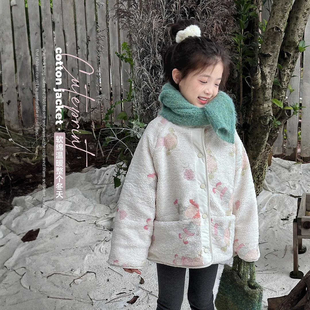 【糯宝宝】蓝小爸童装女童印花夹棉外套冬季休闲加厚保暖儿童棉衣