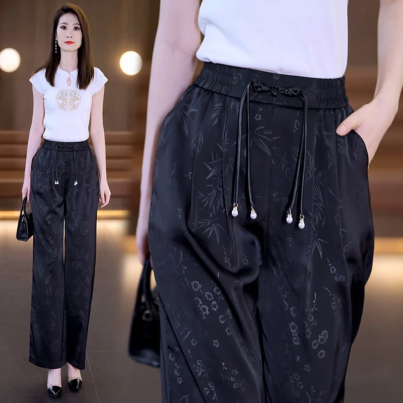 新中式裤子女2025新款爆款高级感韩式垂感夏天国风冰丝印花阔腿裤