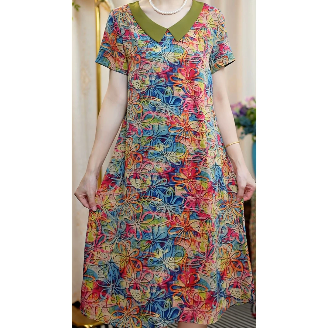 【D七彩太阳花】夏中老年妈妈连衣裙薄款凉感短袖显瘦宽松透气舒适