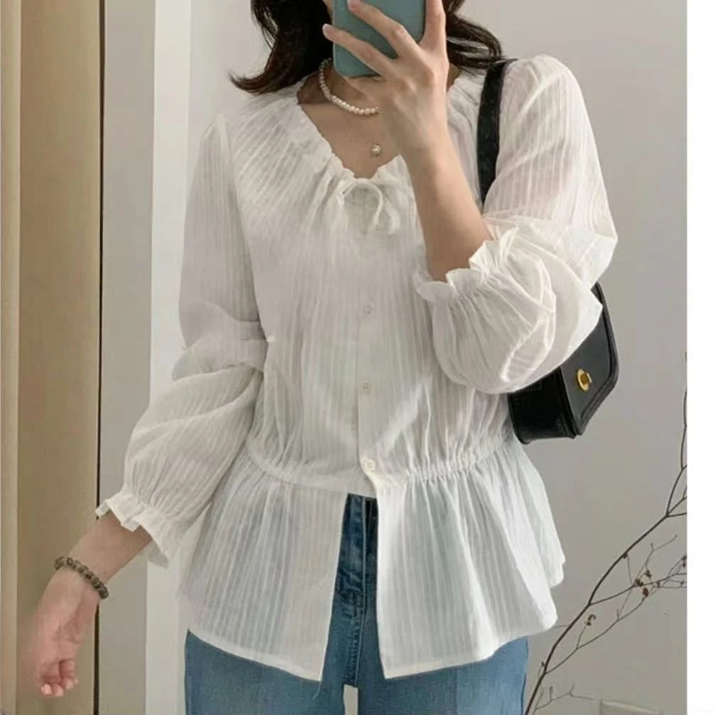 设计感系带白色长袖衬衫女2025春夏新款韩版显瘦百搭白月光衬衣