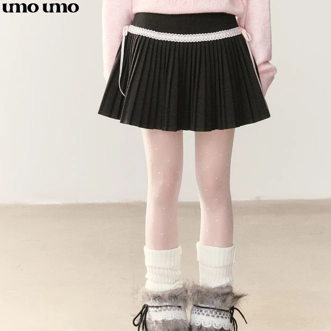 【达播专属】压褶高腰半裙蕾丝花边蝴蝶结显瘦百褶裙UMOBQ14774