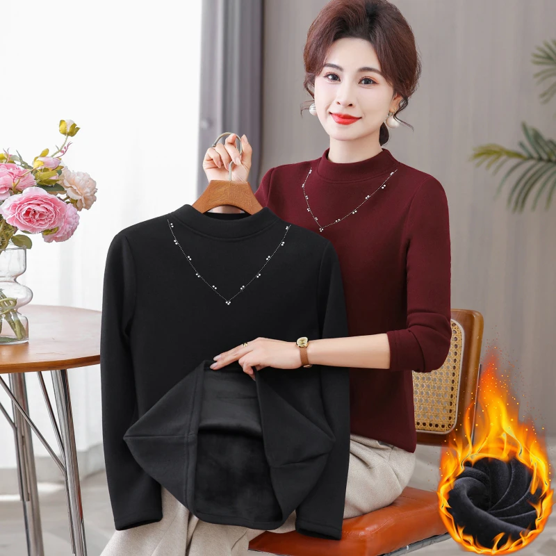 加绒加厚保暖洋气打底中老年妈妈加绒上衣特厚加绒打底衫加绒T恤