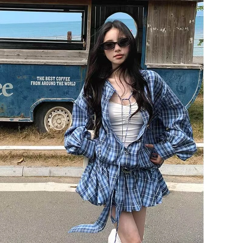 复古辣妹时尚蓝调纯欲复古格纹衬衫+低腰显瘦蓬蓬半身裙裤套装