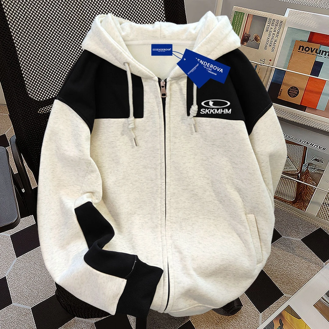 美式复古爆款街头连帽拼接卫衣男女秋冬加绒国潮情侣拉链开衫外套