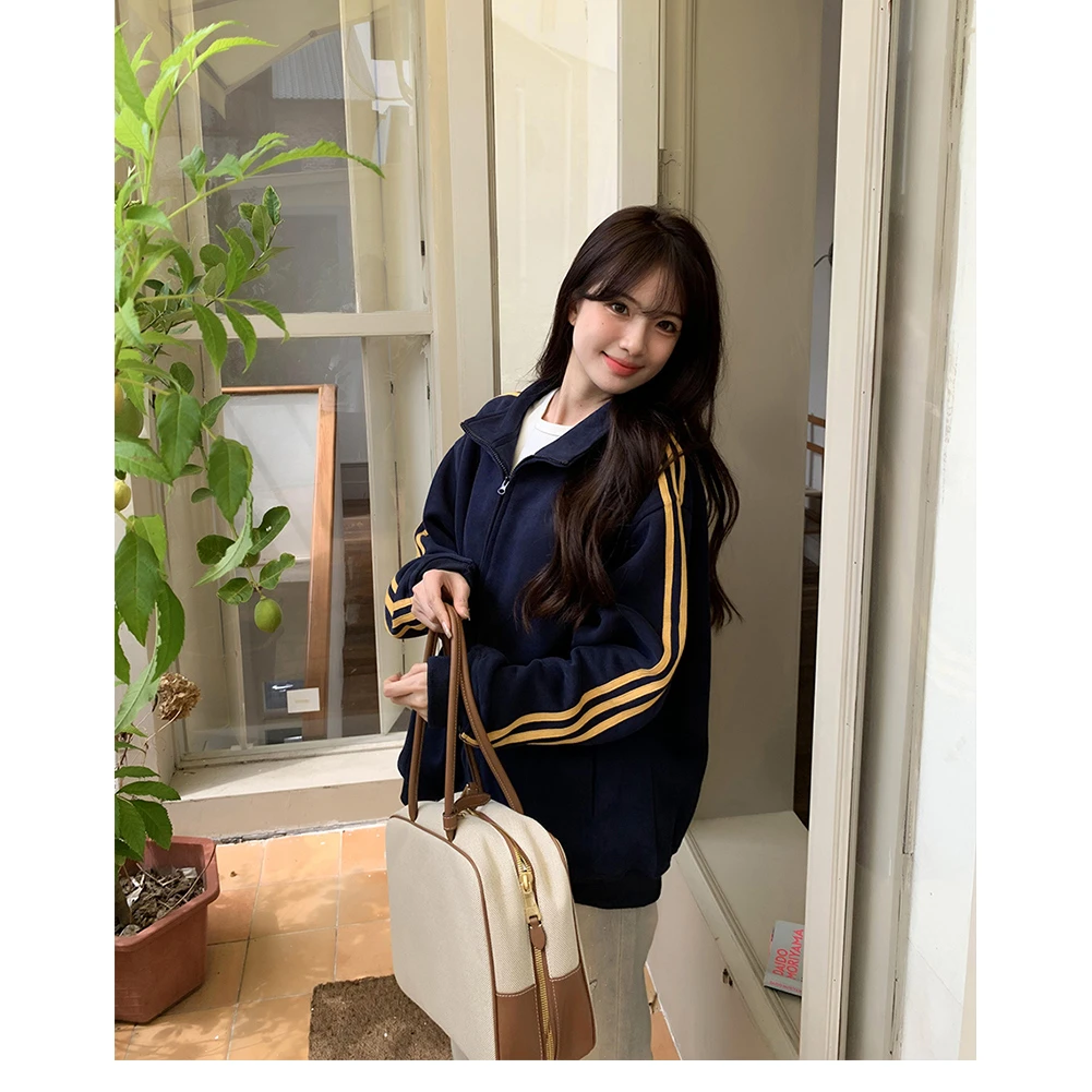 小秋家美式复古三杠卫衣上衣外套女春秋季宽松休闲撞色拉链开衫