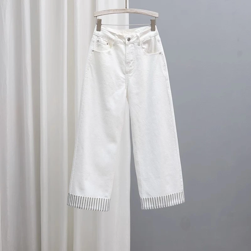 夏季新款高腰牛仔裤女2025宽松显瘦白色直筒裤卷裤脚休闲阔腿裤子