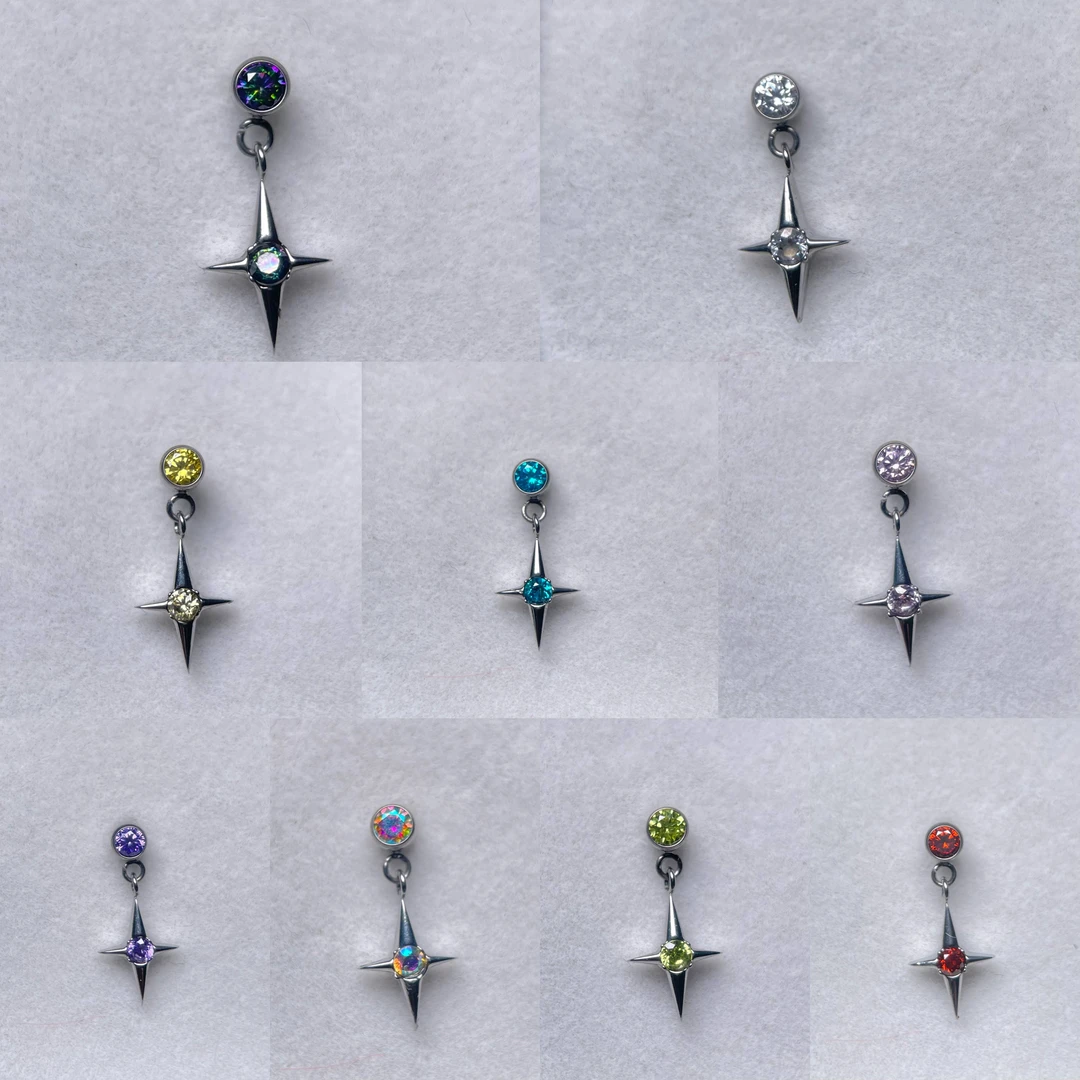 合金耳饰 F136钛合金耳钉四芒星flat耳骨钉耳垂内螺旋耳钉