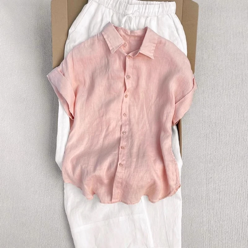 法式减龄粉色苎麻亚麻短袖衬衫女夏季2025新款慵懒风休闲显瘦上衣