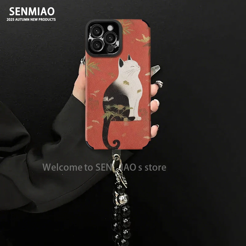 适用【苹果/oppo/华为/vivo/小米】国风艺术猫小羊皮防摔手机壳女款