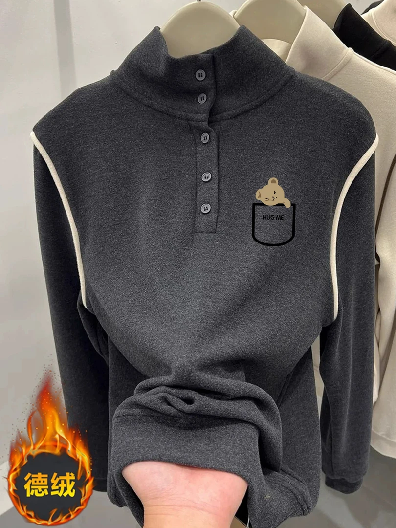 设计感韩版套头加绒打底上衣秋冬纽扣立领德绒衣服内搭长袖t恤女